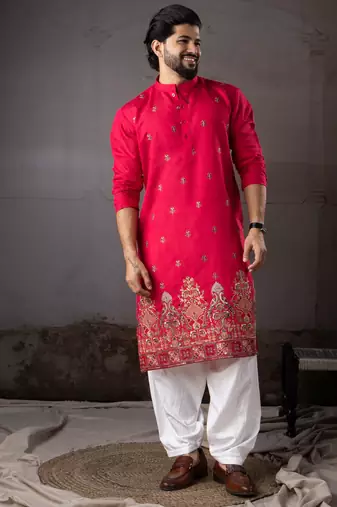 Cherry red color rayon fabric designer embroidered partywear kurta payjama for men