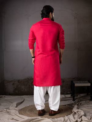 Cherry red color rayon fabric designer embroidered partywear kurta payjama for men 2