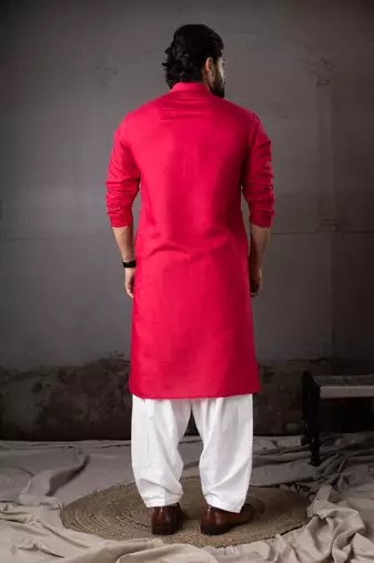 Cherry red color rayon fabric designer embroidered partywear kurta payjama for men