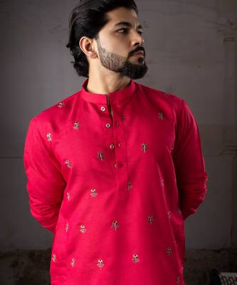 Cherry red color rayon fabric designer embroidered partywear kurta payjama for men 3