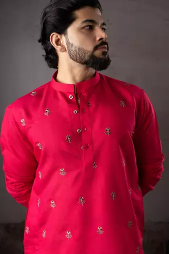 Cherry red color rayon fabric designer embroidered partywear kurta payjama for men