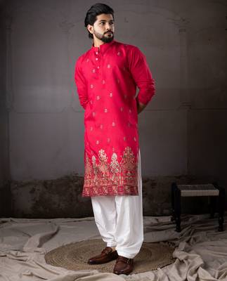 Cherry red color rayon fabric designer embroidered partywear kurta payjama for men 4