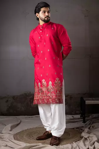 Cherry red color rayon fabric designer embroidered partywear kurta payjama for men