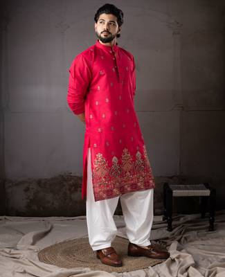Cherry red color rayon fabric designer embroidered partywear kurta payjama for men 5