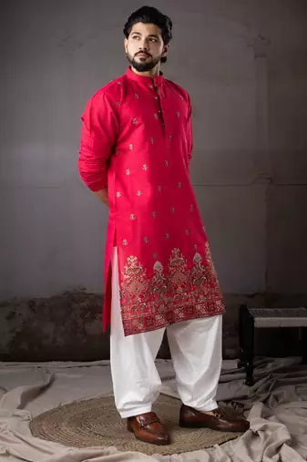 Cherry red color rayon fabric designer embroidered partywear kurta payjama for men