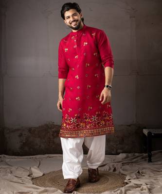 Cherry red color smart and designer wedding special traditional outfit for men 1