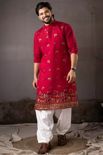 Cherry red color smart and designer wedding special traditional outfit for men