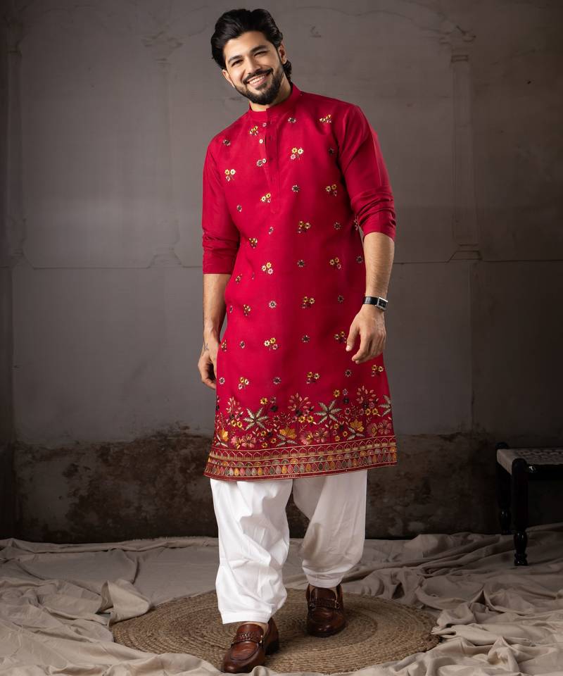 Cherry red color smart and designer wedding special traditional outfit for men