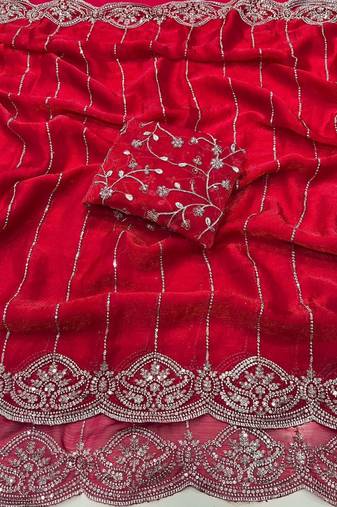 Rani Pink Color  Sequence embroidery work with Cut work border  Chiffon Silk Saree 
