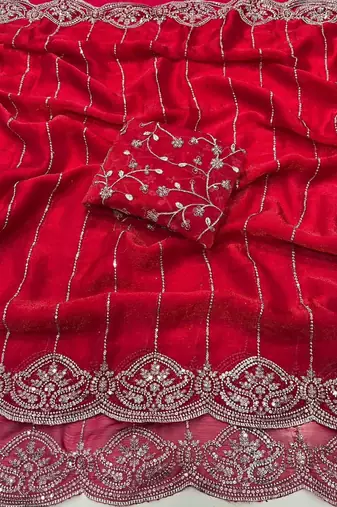 Rani Pink Color  Sequence embroidery work with Cut work border  Chiffon Silk Saree 