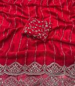 Rani Pink Color  Sequence embroidery work with Cut work border  Chiffon Silk Saree 