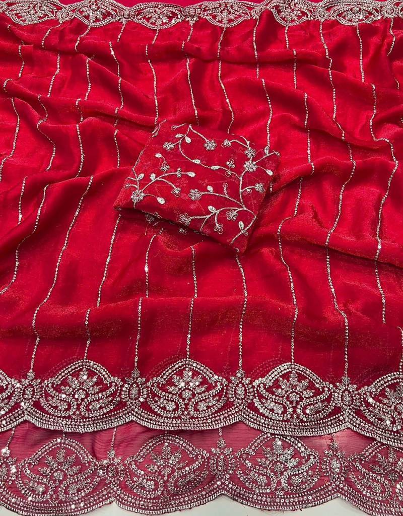 Rani Pink Color  Sequence embroidery work with Cut work border  Chiffon Silk Saree 