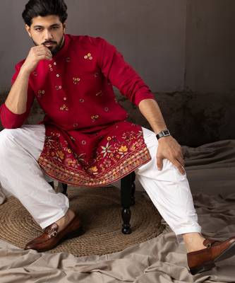 Cherry red color smart and designer wedding special traditional outfit for men 3