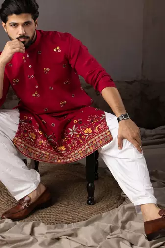 Cherry red color smart and designer wedding special traditional outfit for men