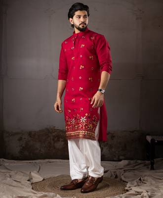 Cherry red color smart and designer wedding special traditional outfit for men 4