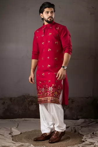 Cherry red color smart and designer wedding special traditional outfit for men