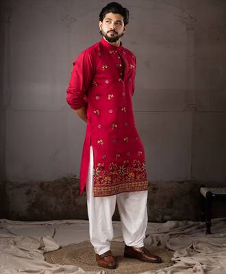 Cherry red color smart and designer wedding special traditional outfit for men 5