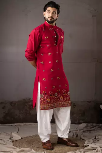 Cherry red color smart and designer wedding special traditional outfit for men