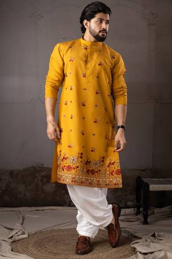 Mustard color smart and designer wedding special traditional outfit for men