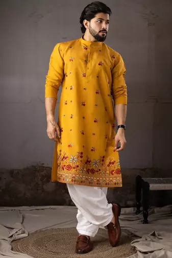 Mustard color smart and designer wedding special traditional outfit for men