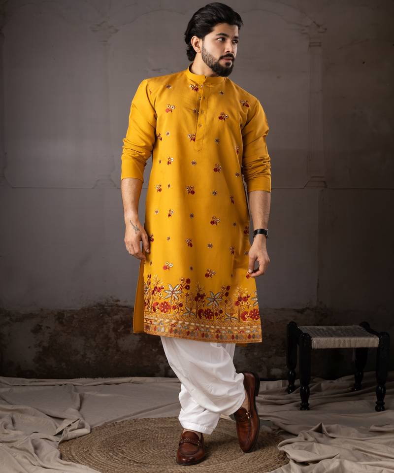 Mustard color smart and designer wedding special traditional outfit for men