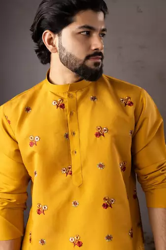Mustard color smart and designer wedding special traditional outfit for men