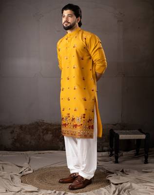 Mustard color smart and designer wedding special traditional outfit for men 4