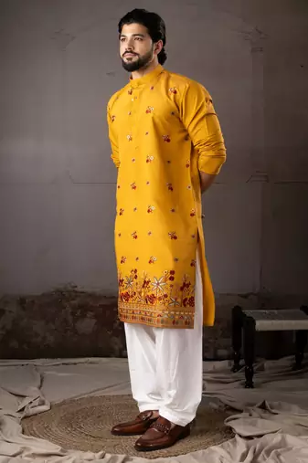 Mustard color smart and designer wedding special traditional outfit for men