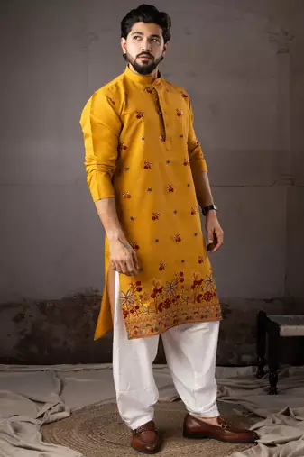 Mustard color smart and designer wedding special traditional outfit for men