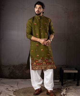 Mehandi color smart and designer wedding special traditional outfit for men 1