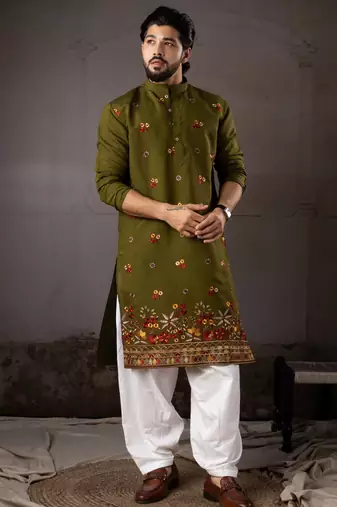 Mehandi color smart and designer wedding special traditional outfit for men
