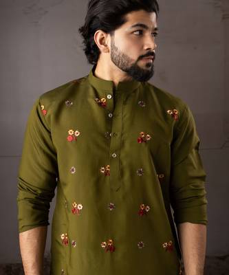 Mehandi color smart and designer wedding special traditional outfit for men 3