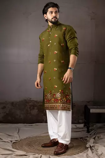 Mehandi color smart and designer wedding special traditional outfit for men