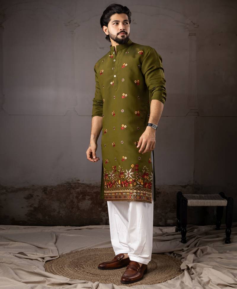Mehandi color smart and designer wedding special traditional outfit for men