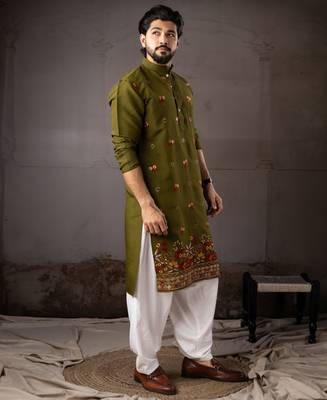 Mehandi color smart and designer wedding special traditional outfit for men 5
