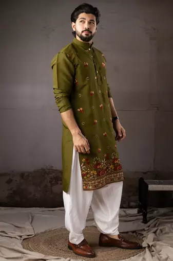 Mehandi color smart and designer wedding special traditional outfit for men