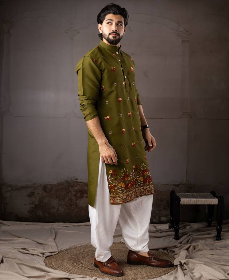 Mehandi color smart and designer wedding special traditional outfit for men