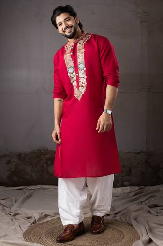 Cherry red color smart and designer wedding special traditional outfit for men