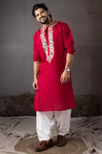 Cherry red color smart and designer wedding special traditional outfit for men