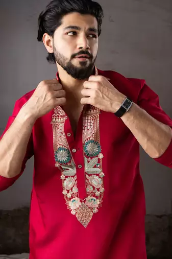 Cherry red color smart and designer wedding special traditional outfit for men