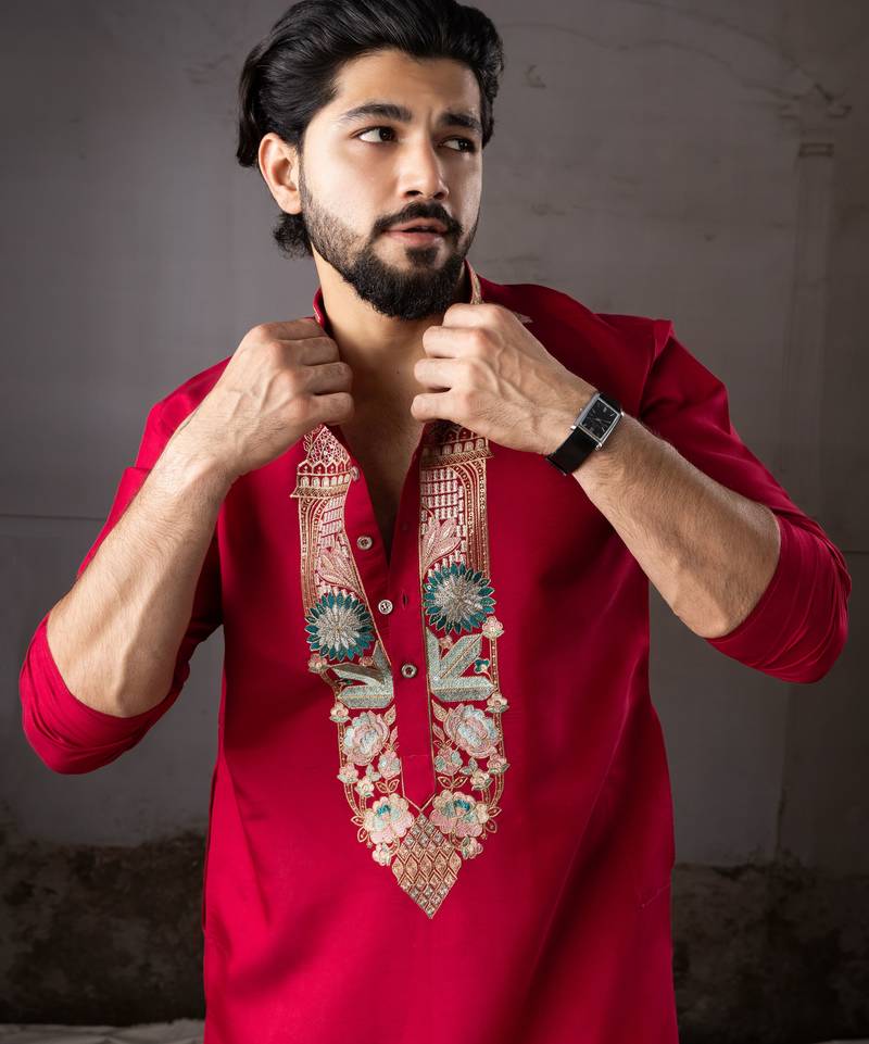 Cherry red color smart and designer wedding special traditional outfit for men