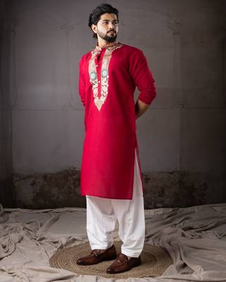 Cherry red color smart and designer wedding special traditional outfit for men 4