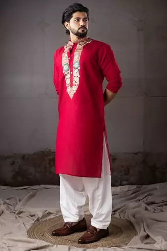 Cherry red color smart and designer wedding special traditional outfit for men