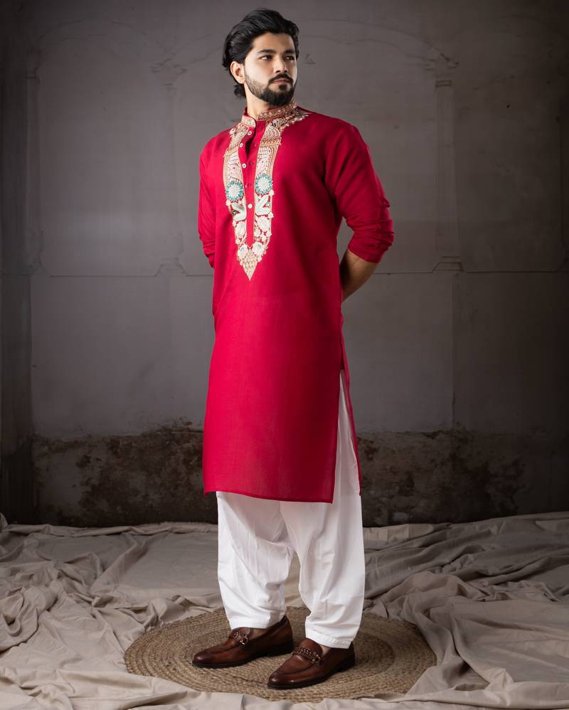 Cherry red color smart and designer wedding special traditional outfit for men