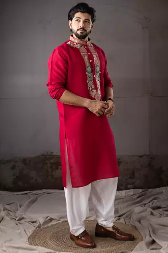 Cherry red color smart and designer wedding special traditional outfit for men