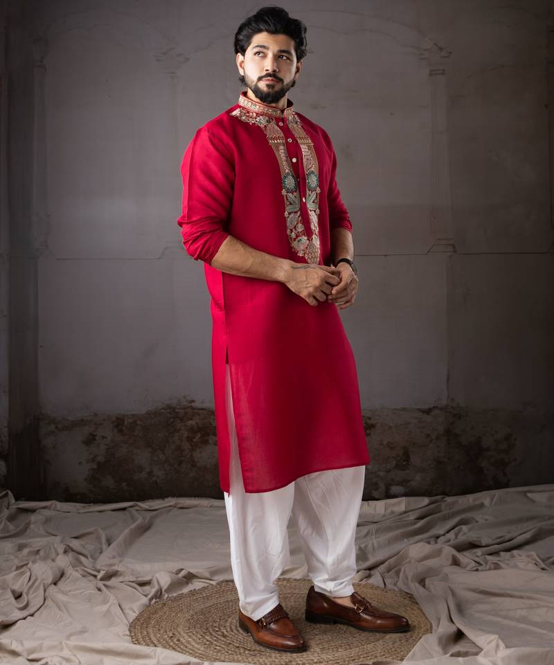 Cherry red color smart and designer wedding special traditional outfit for men