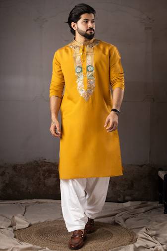 Mustard color smart and designer wedding special traditional outfit for men