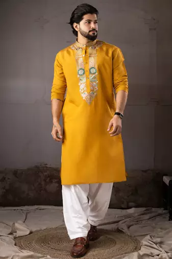 Mustard color smart and designer wedding special traditional outfit for men