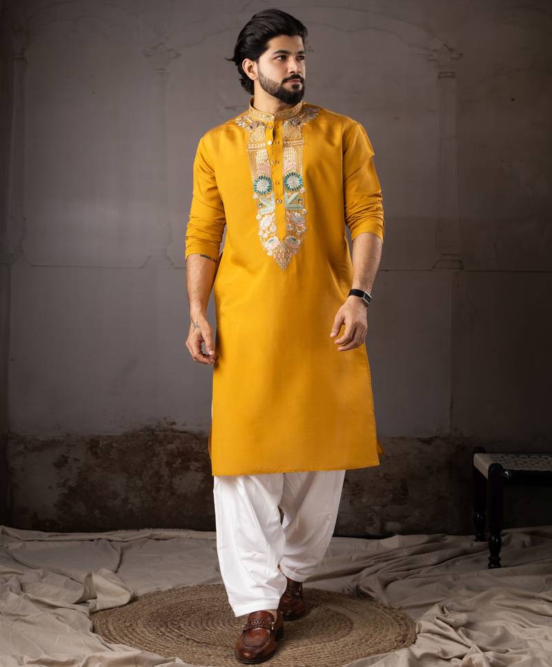 Mustard color smart and designer wedding special traditional outfit for men