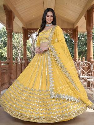 Alluring Yellow Foil Work Net Haldi Wear Lehenga Choli With Dupatta 2